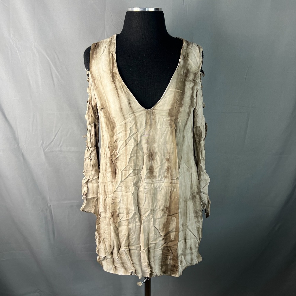 Honey Belle Cold Shoulder Tunic Dress Women S Beige Bell Sleeves V Neck Pullover